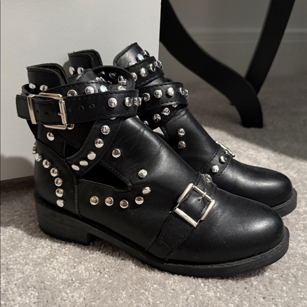 Studded Black Leather Cutout Ankle Boots with Buckles